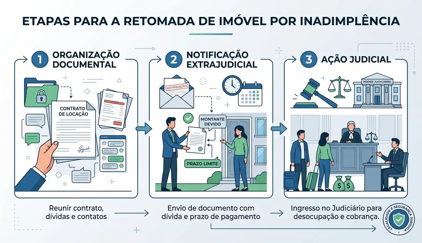 Passos para retomar imóvel: organização, notificação e ação judicial para despejo.