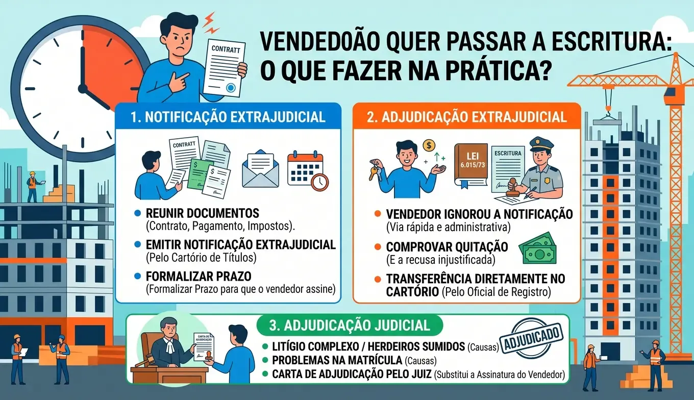 Ilustração sobre o que fazer quando o vendedor não quer passar a escritura do imóvel.