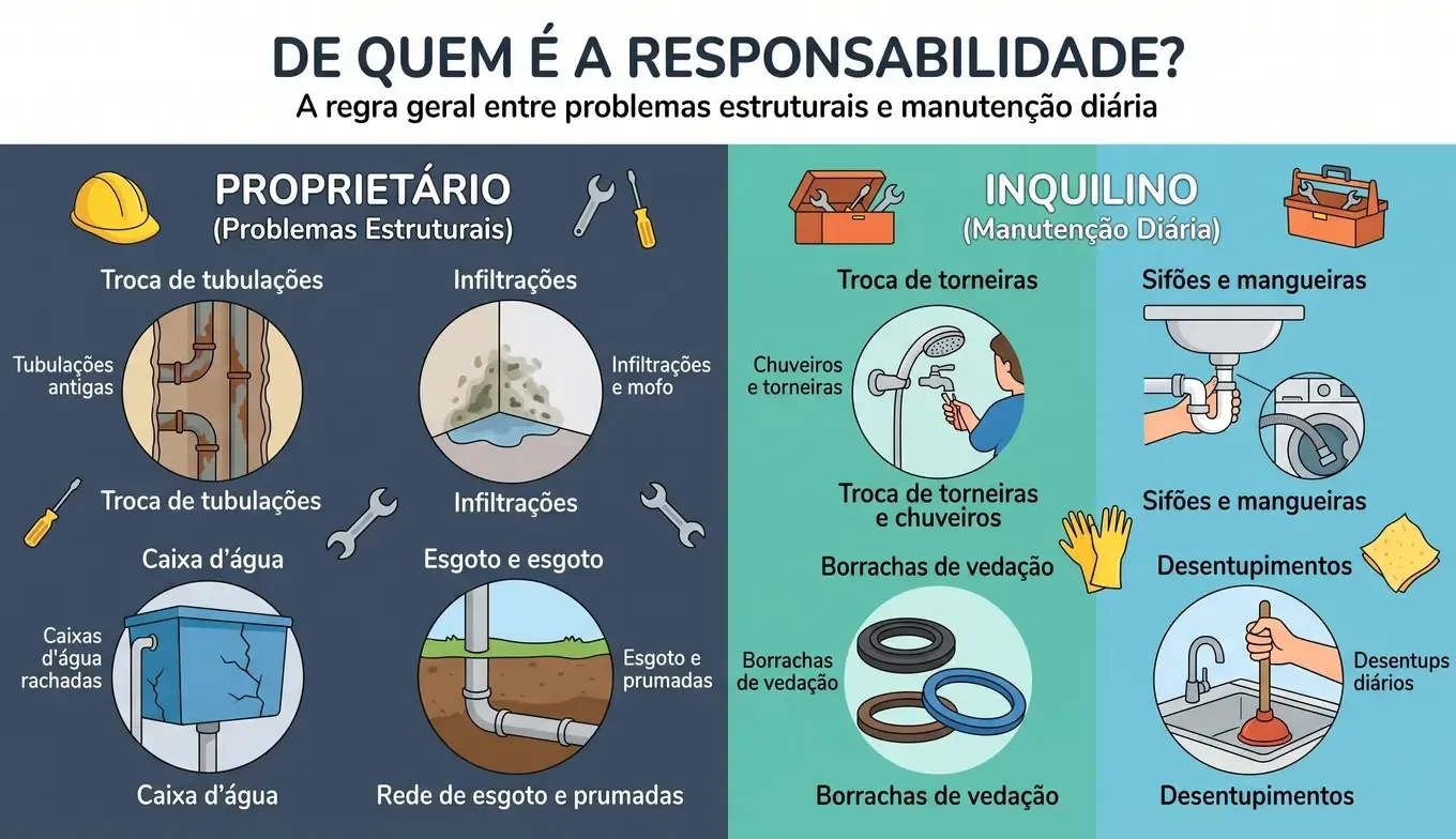 Infográfico sobre quem paga o conserto do encanamento no imóvel alugado.
